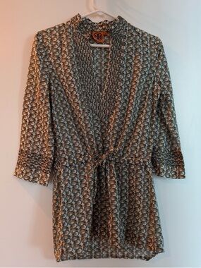 Tory Burch Cream and Navy Printed V-Neck Blouse